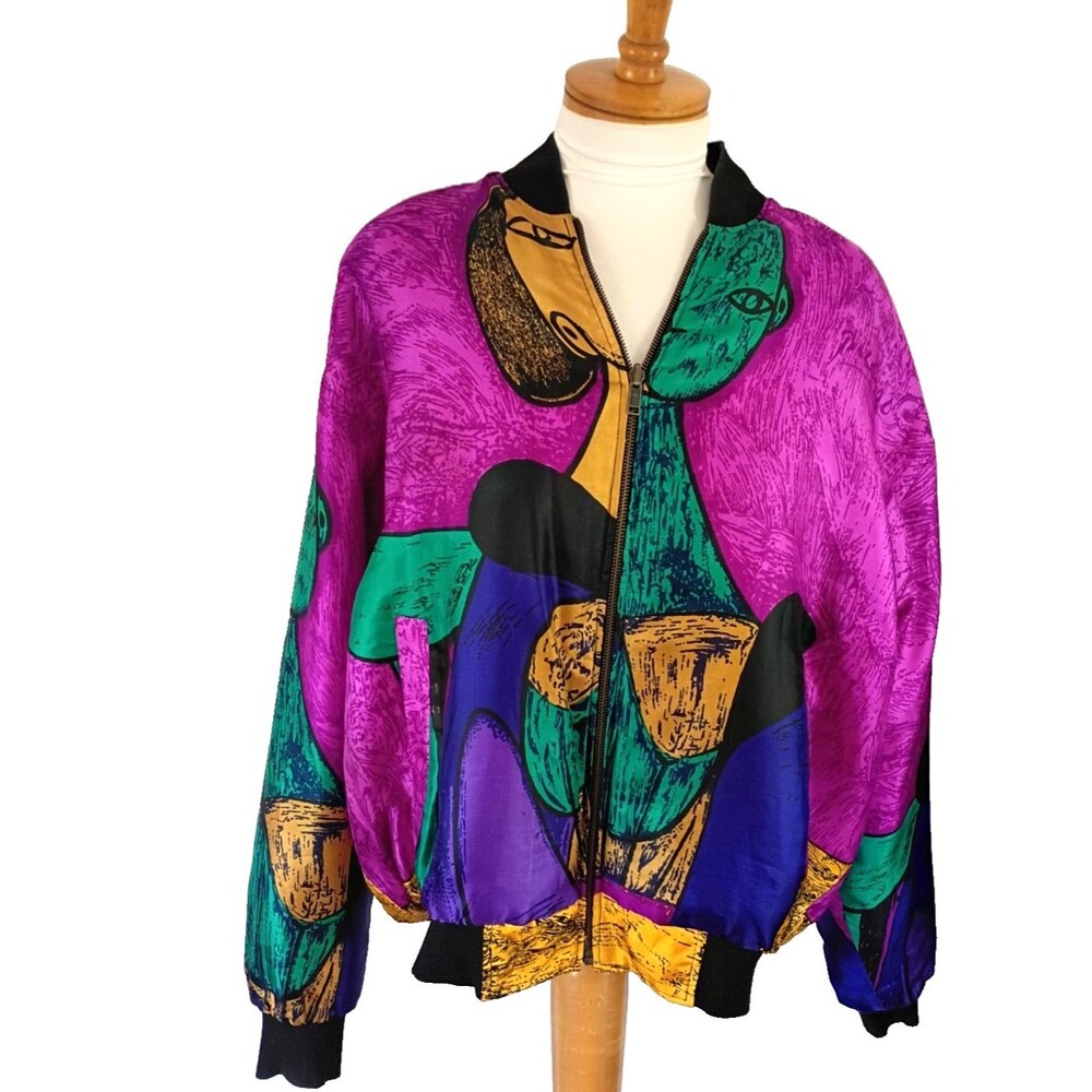Vtg Picasso Print Bomber Jacket Reverses to Red Baroque Print Size Large